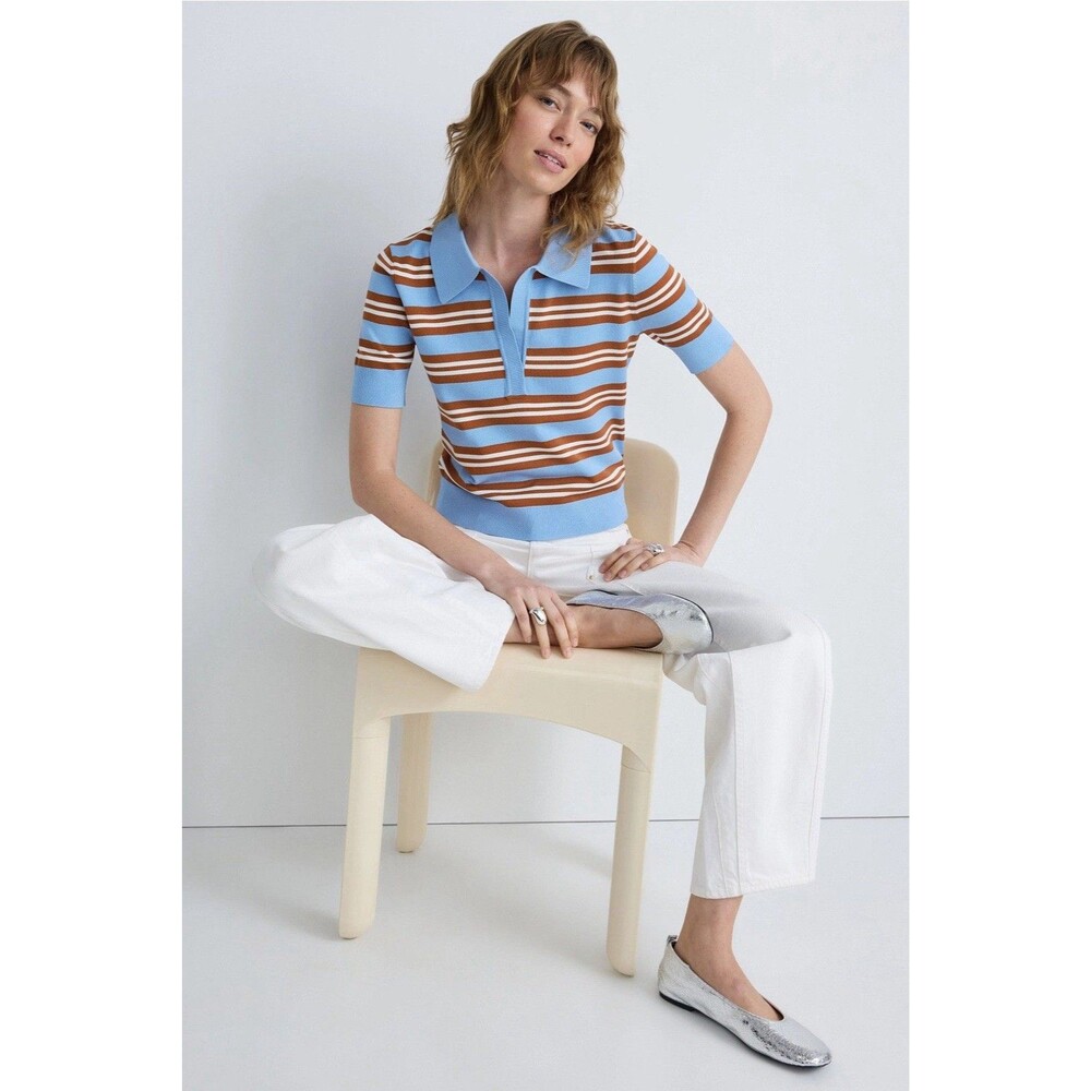 AKNVAS Emma Polo Top Striped Knit Short Sleeve Blue Brown Cream Collared Size L